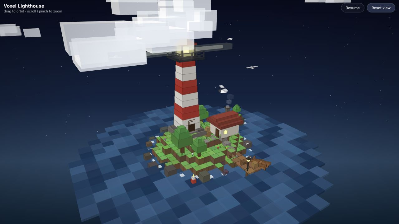 SWE-2's first lighthouse attempt: a striped voxel tower and cottage on a tiled island, with large foreground clouds obscuring the lantern.